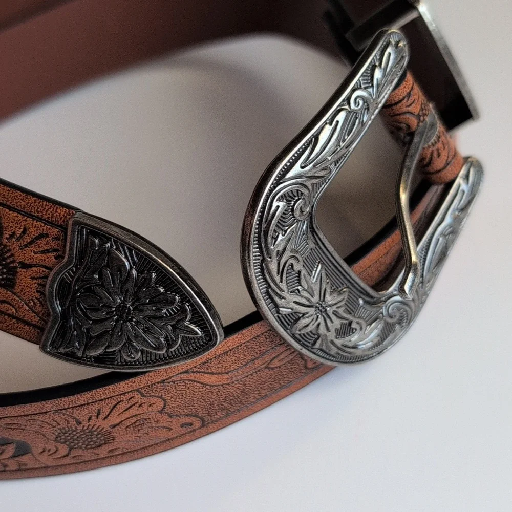 Brown Embossed Faux Leather Pleather Cowgirl Cowboy Western Tooled Belt